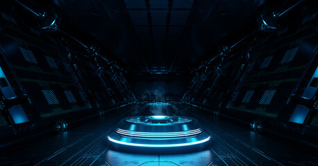 Blue spaceship interior with projector. Futuristic corridor in space station with glowing neon lights background. 3d rendering
