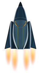 Cartoon triangle spaceship with flame from nozzles isolated on white. Aggressive form similar fighter aircraft. Design element.