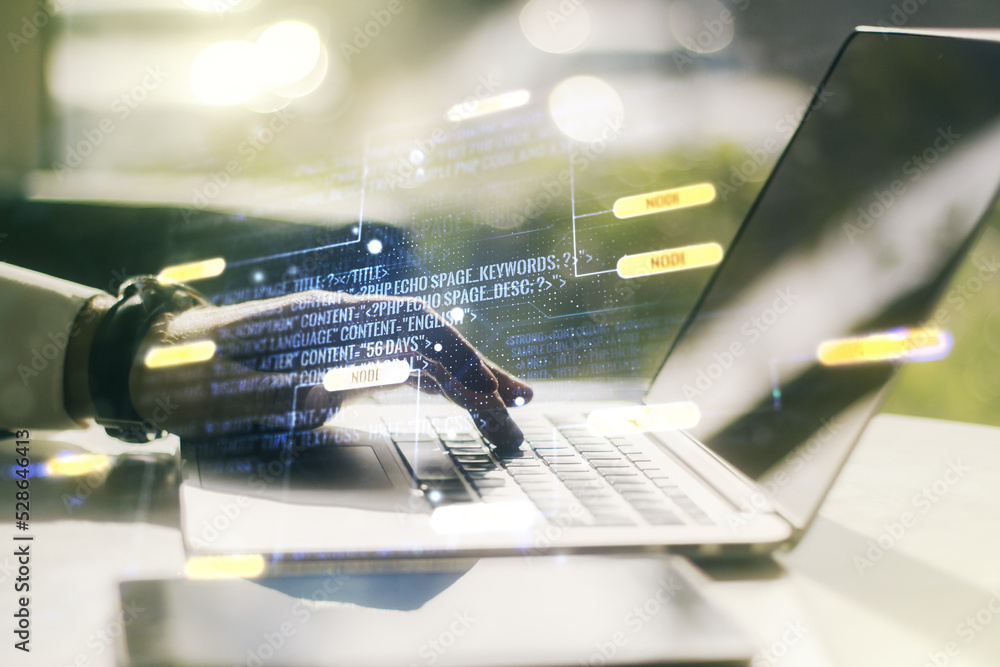 Poster Abstract creative coding concept with hands typing on laptop on background. Multiexposure