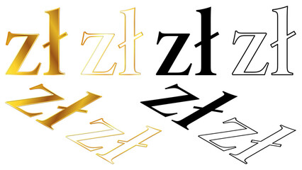 Set of Polish zloty PLN currency golden signs, silhouette and outline isometric top and front view isolated on white background. Currency by Central Bank of Poland. Design element.