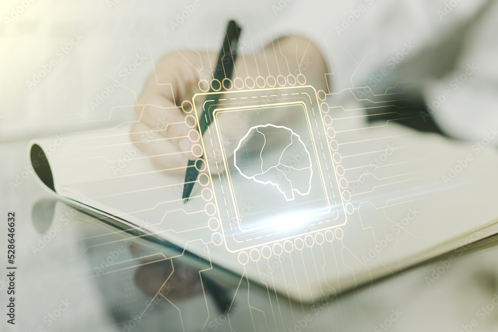 Poster double exposure of creative human brain microcircuit with man hand writing in notepad on background.