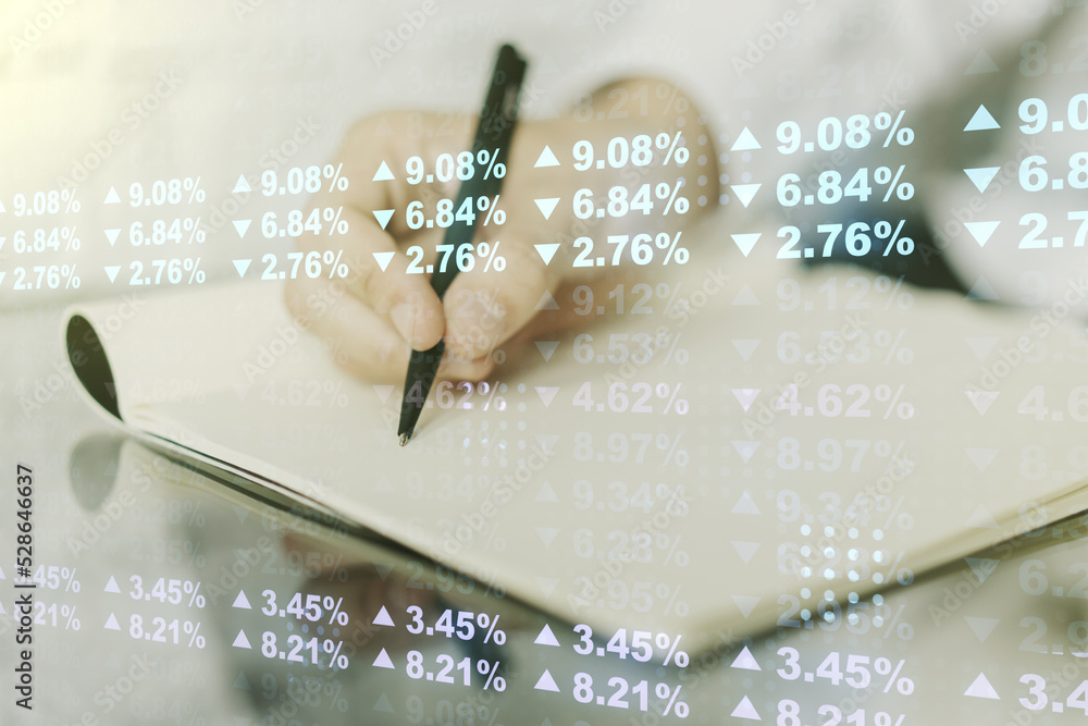 Poster double exposure of abstract creative statistics data hologram with man hand writing in notebook on b