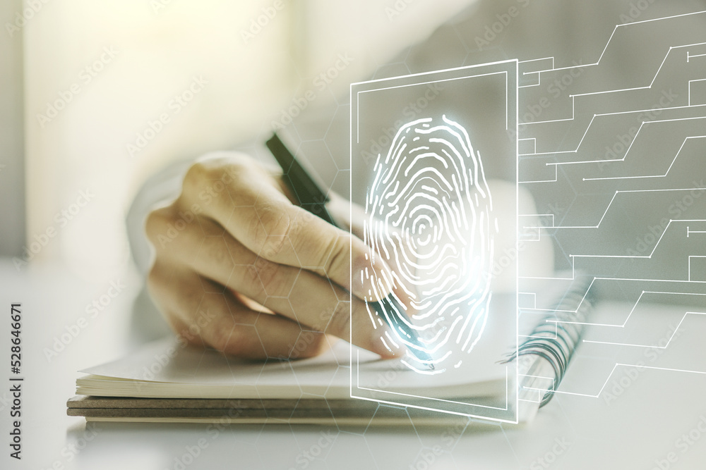 Aufkleber double exposure of abstract creative fingerprint hologram with man hand writing in notepad on backgr