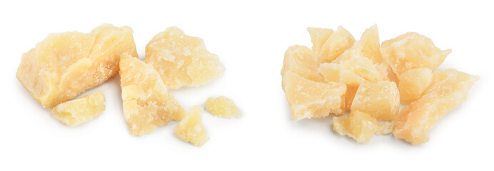 Parmesan cheese pieces isolated on white background. Closeup