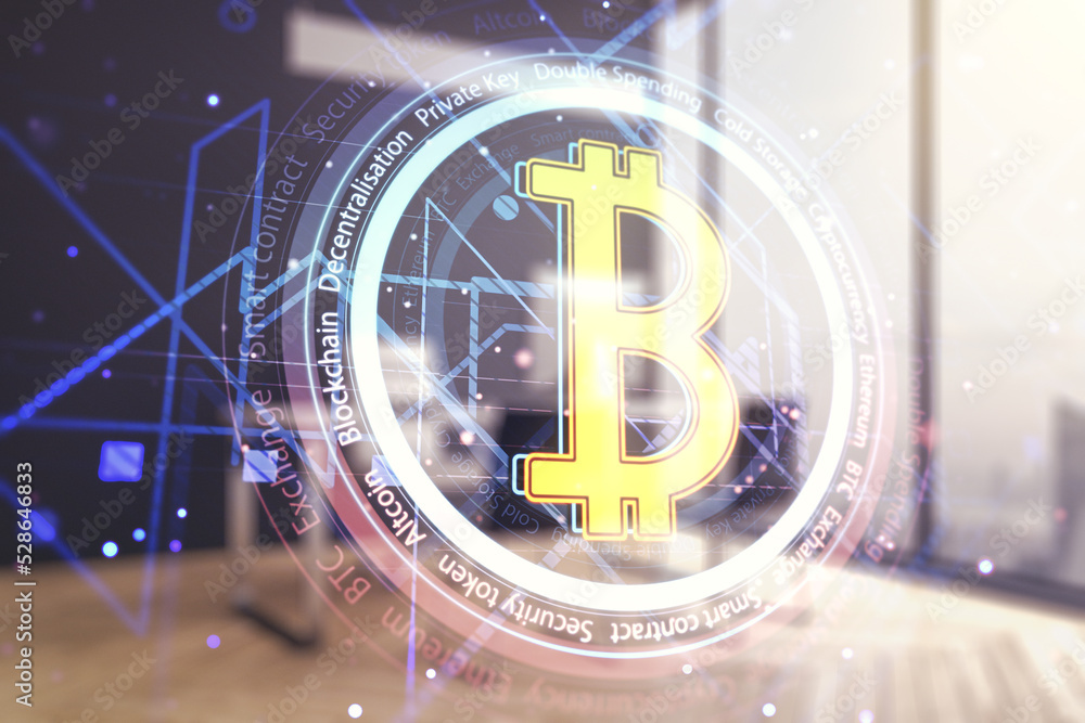 Poster creative bitcoin concept and modern desktop with computer on background. multiexposure
