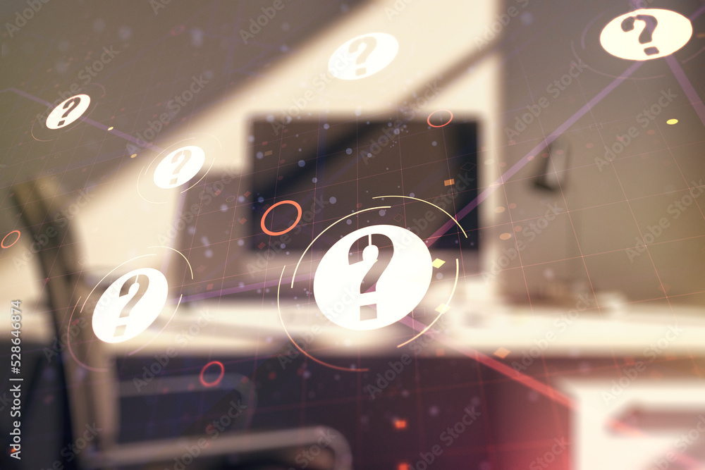 Aufkleber creative abstract question mark sketch and modern desk with computer on background, faq and research