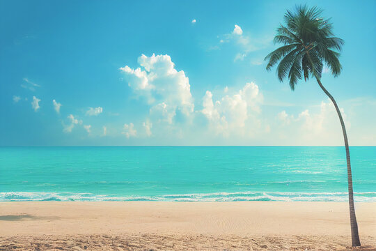 3D render of Nature tropical beach sea with palm tree and the ocean. Beautiful beach blue sea water.