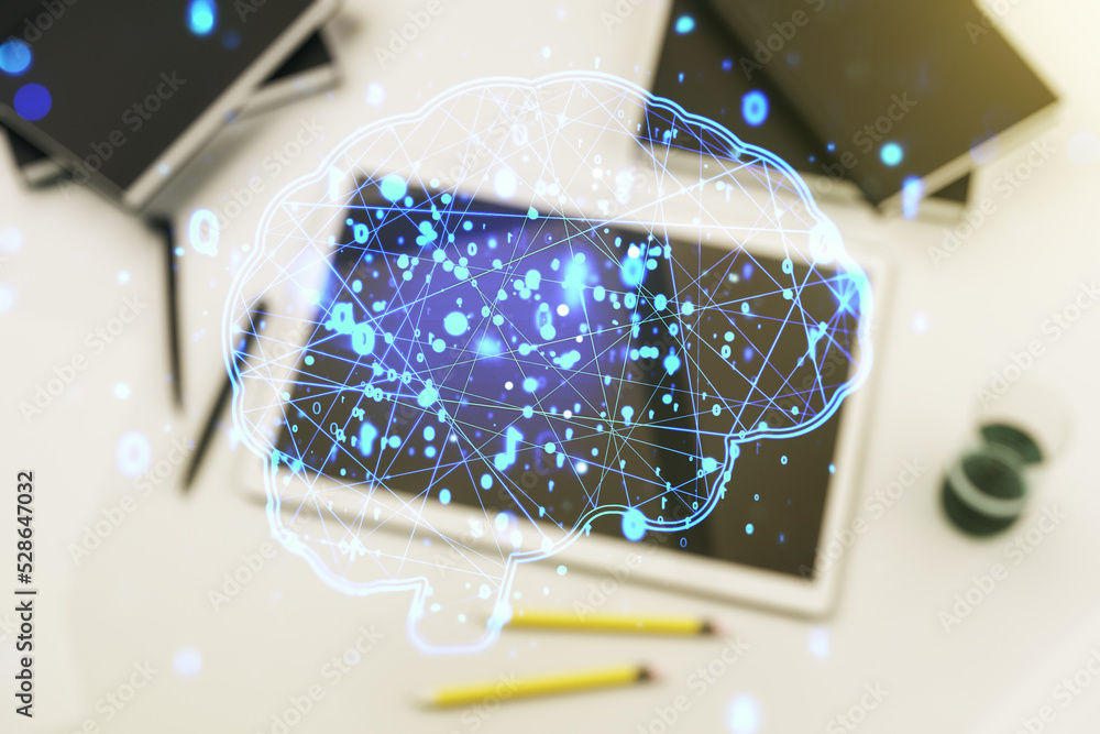 Poster double exposure of creative artificial intelligence symbol and digital tablet on background, top vie