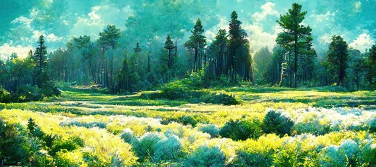 Scenic summer green grass meadow, beautiful and enchanting pine forest glade - watercolor style fluffy clouds. Tranquil and peaceful nature art.     - obrazy, fototapety, plakaty