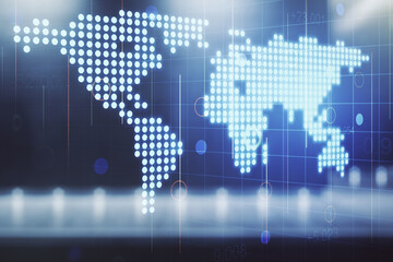 Obraz premium Multi exposure of abstract graphic world map hologram on contemporary business center exterior background, connection and communication concept