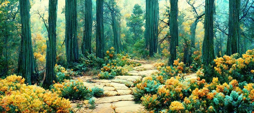 Scenic Summer Woods, Beautiful And Enchanting Pine Forest Trees - Watercolor Style Green Tranquil And Peaceful Outdoor Nature Art.    