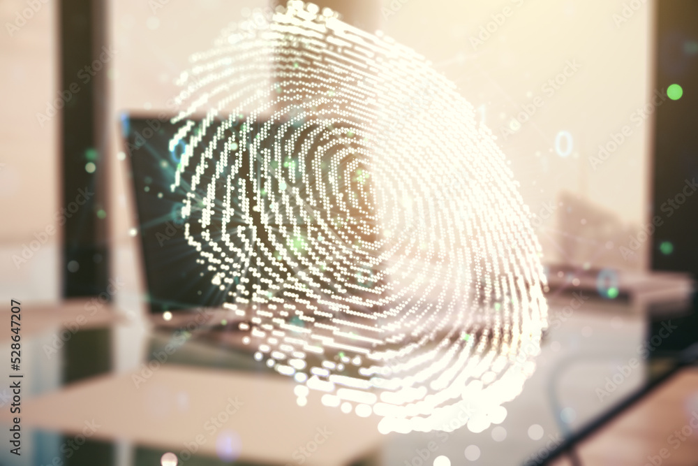 Poster multi exposure of abstract graphic fingerprint sketch on modern computer background, fingerprint sca
