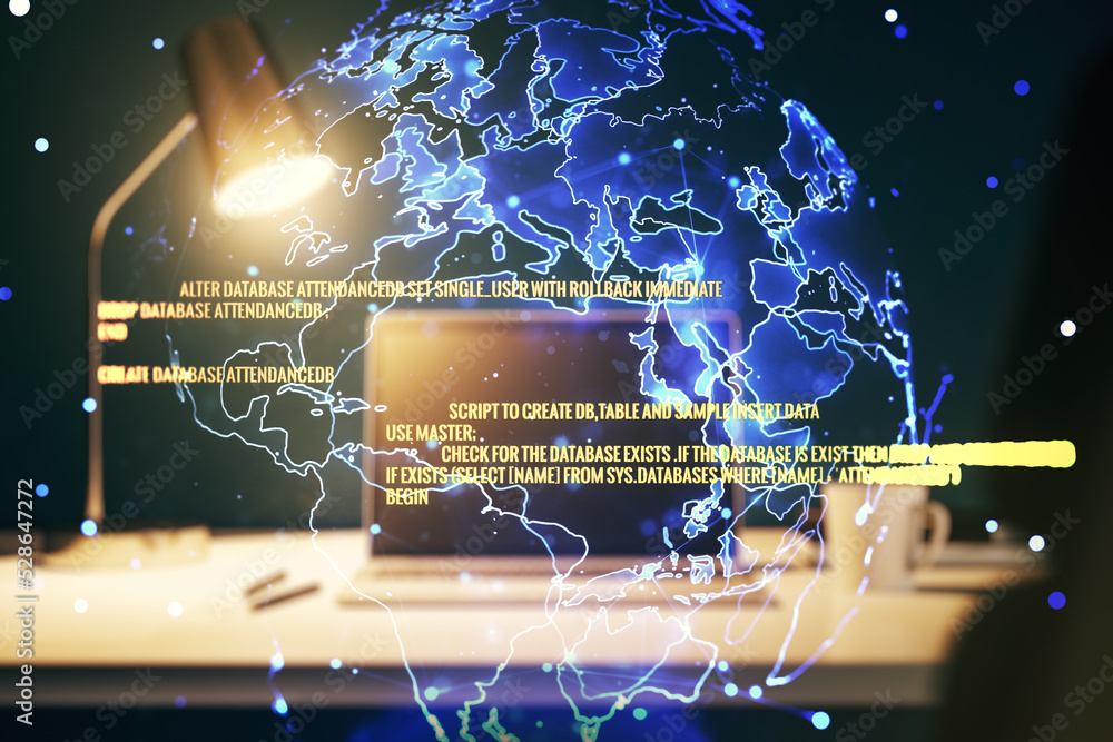 Poster multi exposure of abstract programming language hologram with world map on computer background, arti