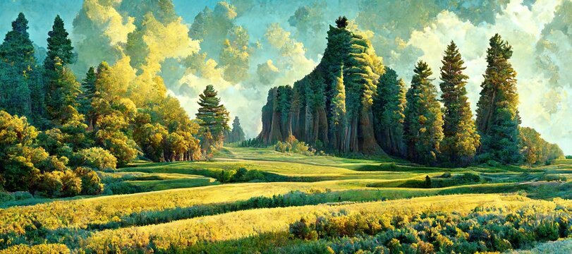 Watercolor style scenic summer green landscape, pine forest trees panoramic vista -  gorgeous clouds and mountain hills. Tranquil and peaceful outdoor nature art.    