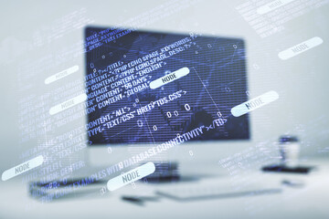 Multi exposure of abstract graphic coding sketch with world map on modern computer background, big data and networking concept