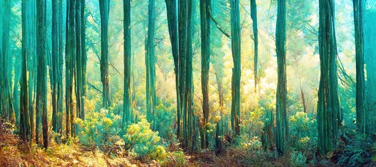 Scenic summer woods, beautiful and enchanting pine forest trees - watercolor style green tranquil and peaceful outdoor nature art.    