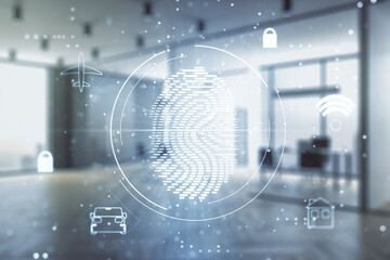Double exposure of virtual creative fingerprint hologram on a modern furnished office interior background, protection of personal information concept