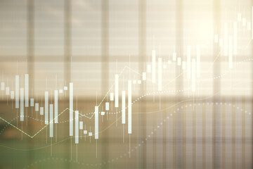 Multi exposure of virtual abstract financial graph interface on modern interior background, financial and trading concept