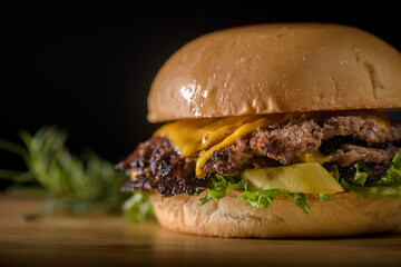 Close-up Tasty burger with beef,  pickled, onion, lettuce and sauce