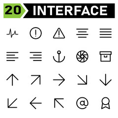User interface icon set include activity, analytic, chart, performance, user interface, warning, alert, sign, attention, center, align, text, justify, left, right, anchor, port, ship, marine