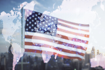 Multi exposure of abstract graphic world map on US flag and skyline background, big data and networking concept