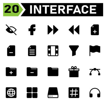 User interface icon set include face book, social media, user interface, fast, forward, arrows, rewind, file, plus, add, files, minus, remove, text, document, film, movie, video, filter, funnel, sort