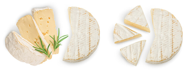 Camembert cheese isolated on white background with full depth of field. Top view. Flat lay