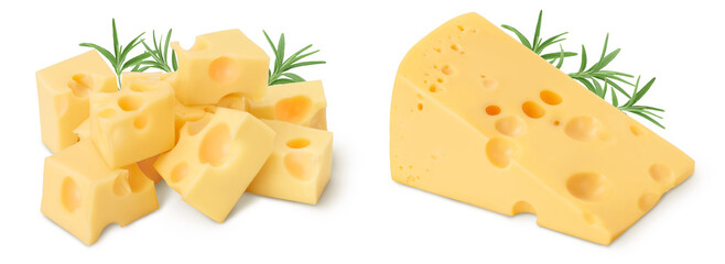 cubes of cheese isolated on white background with full depth of field