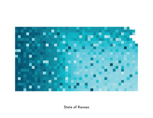 Vector isolated geometric illustration with icy blue area of USA - State of Kansas map. Pixel art style for NFT template. Simple colorful logo with gradient texture