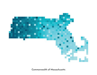 Vector isolated geometric illustration with icy blue state of USA - Commonwealth of Massachusetts map. Pixel art style for NFT template. Simple colorful logo with gradient texture