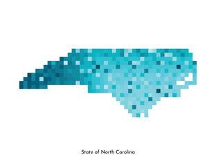Vector isolated geometric illustration with icy blue area of USA - State of North Carolina map. Pixel art style for NFT template. Simple colorful logo with gradient texture