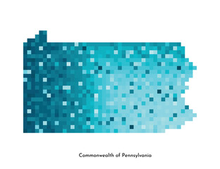 Vector isolated geometric illustration with icy blue USA state - Commonwealth of Pennsylvania map. Pixel art style for NFT template. Simple colorful logo with gradient texture