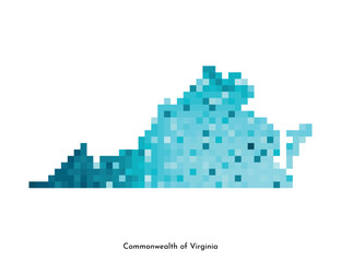 Fototapeta premium Vector isolated geometric illustration with icy blue USA state - Commonwealth of Virginia map. Pixel art style for NFT template. Simple colorful logo with gradient texture