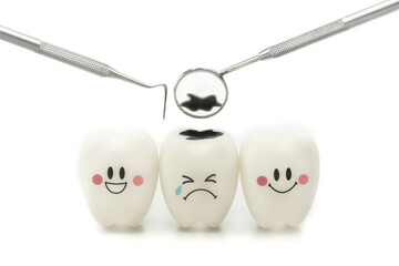 Teeth smile emotion with dental mirror and dental plaque cleaning tool on white background.
