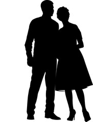 the bride and groom are standing side by side, black and white silhouettes