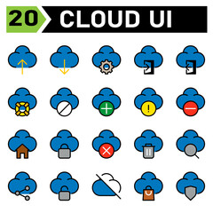 Obraz premium cloud user interface icon set include upload, cloud, user interface, computing, internet of thing, download, setting, gear, sign in, door, sign out, life buoy, help, block, add, plus, warning, sign