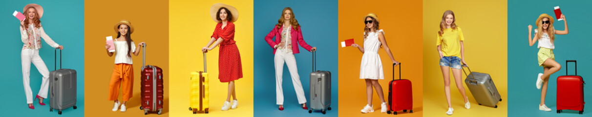 Collage of young woman and girl with suitcase