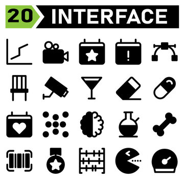 User interface icon set include chart, line, up, diagram, line graph, user interface, camera, movie, film, video, calendar, stars, event, reminder, user interface calendar, info, vector, curve, design