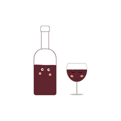 Funny vector illustration with wine bottle and wineglass with faces. Print set, home decoration poster design, restaurant menu, wine shop.