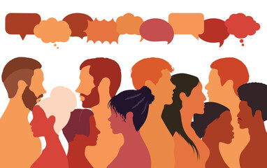 Various people speaking and talking. Cartoon heads with a diversity of ethnicities in profile. Communication concept and speech bubble. Multi-ethnic multicultural dialogue group.
