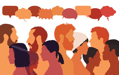 Various people speaking and talking. Cartoon heads with a diversity of ethnicities in profile. Communication concept and speech bubble. Multi-ethnic multicultural dialogue group.
