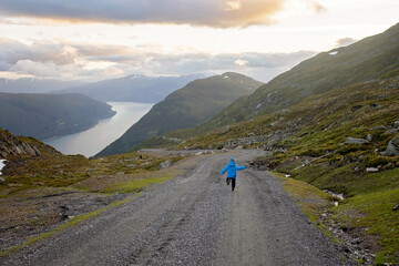 People, adult with kids and pet dog, hiking mount Hoven, enjoying the splendid view over Nordfjord from Loen skylift
