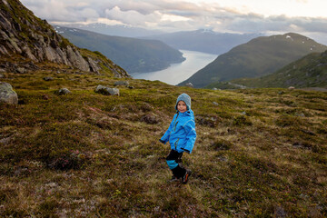 People, adult with kids and pet dog, hiking mount Hoven, enjoying the splendid view over Nordfjord...