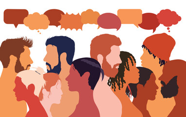 Various people speaking and talking. Cartoon heads with a diversity of ethnicities in profile. Communication concept and speech bubble. Multi-ethnic multicultural dialogue group.
