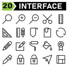 Web interface icon set include search, web app, glass, magnifying, Lupe, zoom, out, plush, in, minus, cut, scissor, interface, ruler, measure, tool, school, pencil, bookmark, essential, object, reload