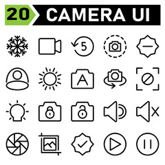 Photo Camera icon set include mode, photo, shoot, effect, camera, video, device, media, multimedia, timer, countdown, five, screen shot, snapshot, interface, minus, reduce, brightness, background