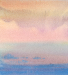 Abstract drawing of the sunset sky. Watercolor background. cloud over the horizon in blue and orange.