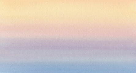 Abstract background drawn with a brush on paper. Horizontal gradient from blue to orange watercolor background, wash technique. Bright sky and water watercolour.