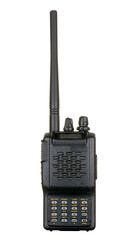 Walkie-talkie, handheld radio communication device in black color with keyboard and display. Isolated on white background.