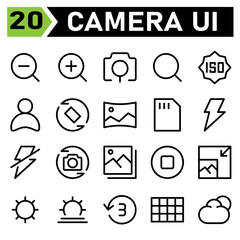 Photo Camera icon set include camera, out, zoom, magnifier, interface, in, search, photo, mode, user, account, profile, avatar, rotate, picture, rotation, image, panorama, card, memory, storage, flash